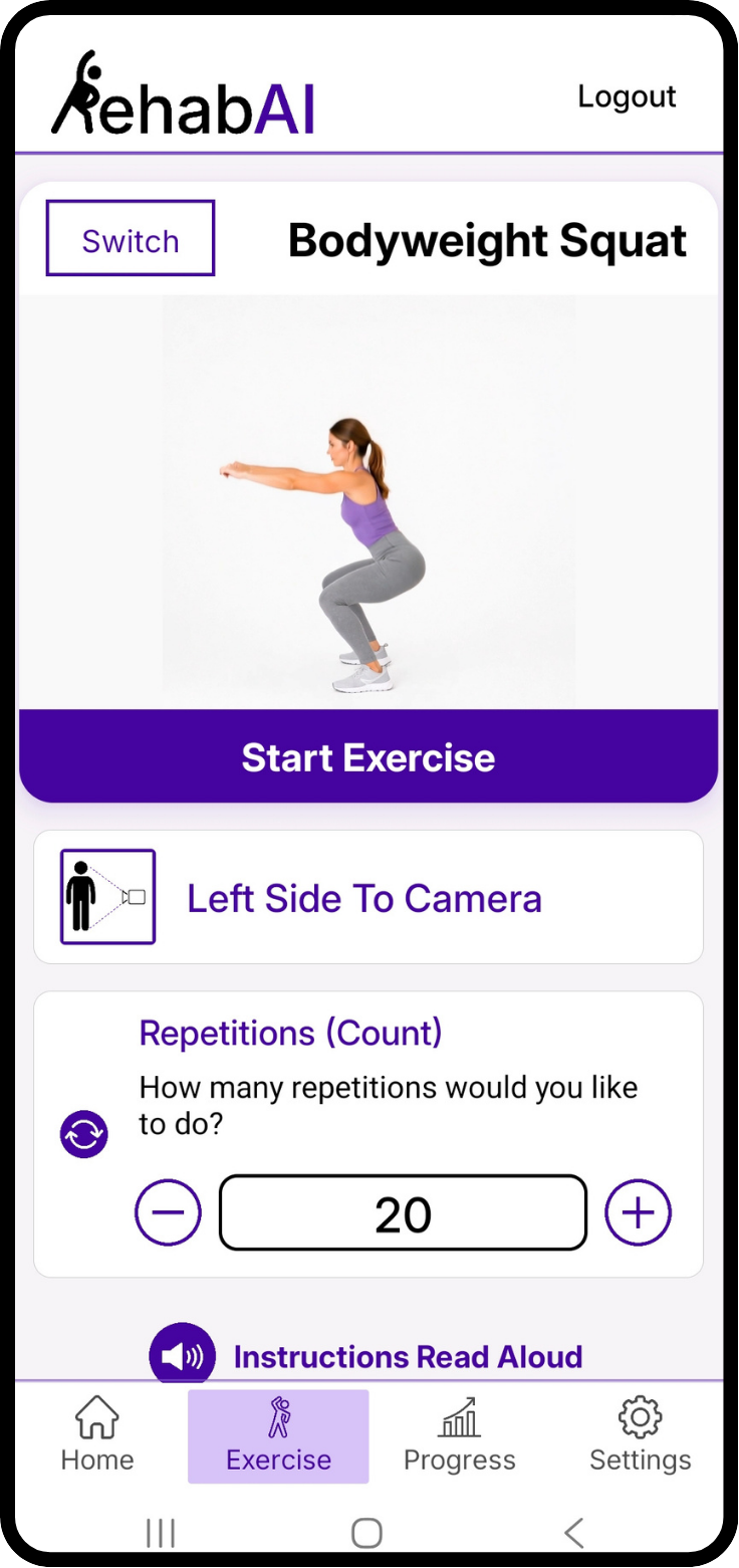 RehabAI Bodyweight Squat setup showing an exercise demonstration, left-side camera positioning guidance, repetition selection, and read-aloud instructions.