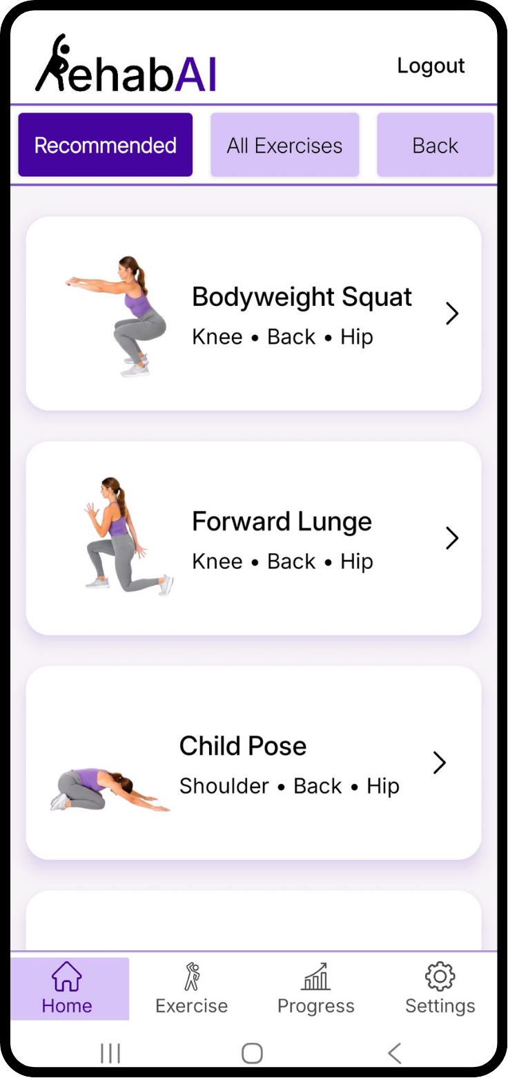 RehabAI exercise library with recommended and all-exercise views and cards for bodyweight squat, forward lunge, and child pose.